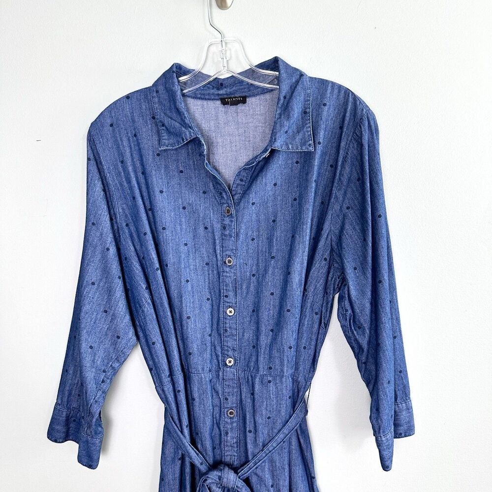 Talbots Chambray Shirt Dress Midi Polka Dot Womens 16W Blue Cotton Button Up - Picture 6 of 11
